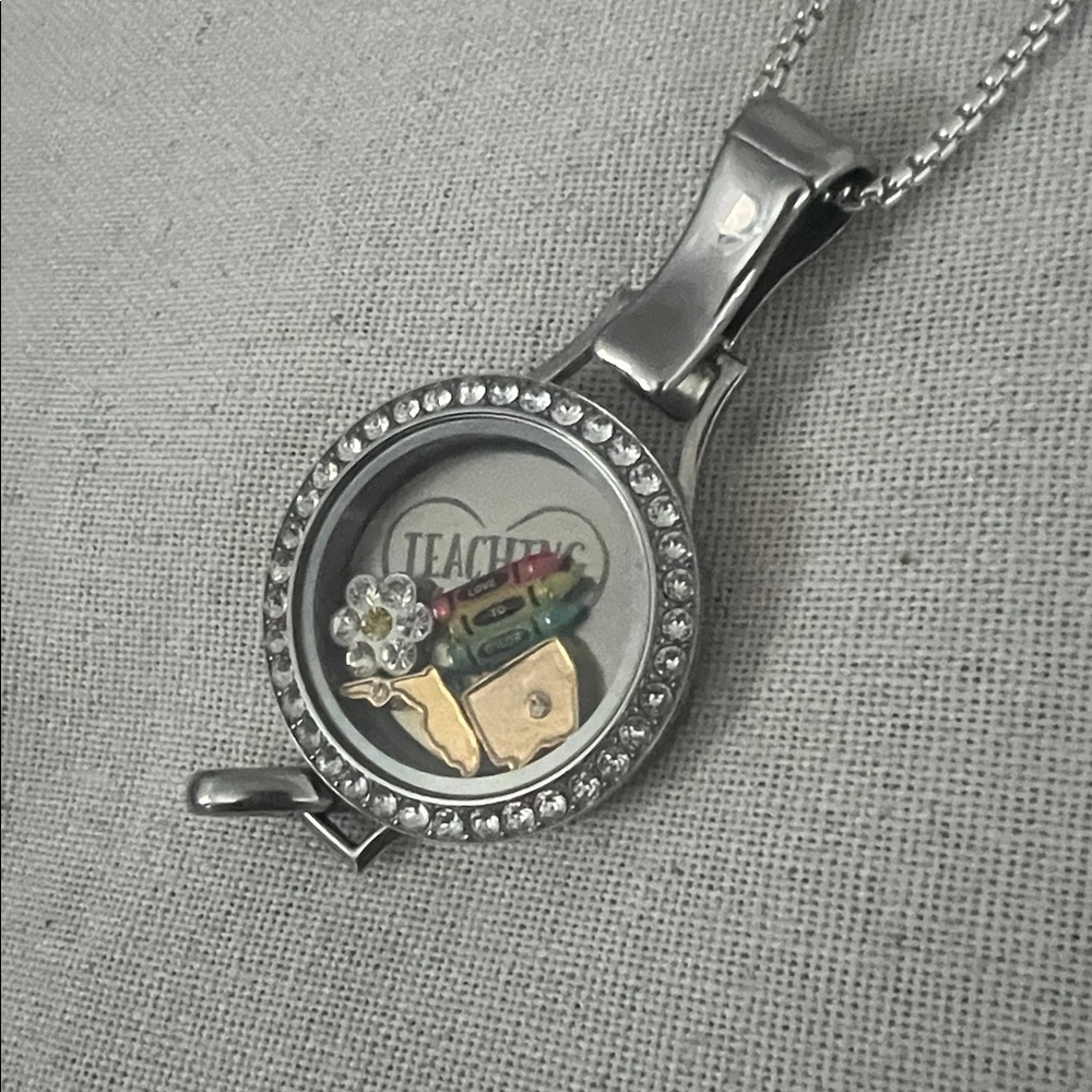 Origami Owl Silver Locket Pendant Landyard Necklace with Charms